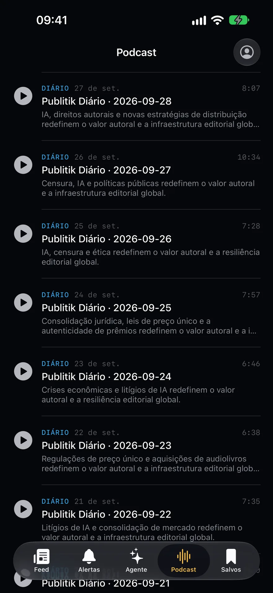 Página do podcast no aplicativo Publitik, com o episódio do dia e a lista de episódios