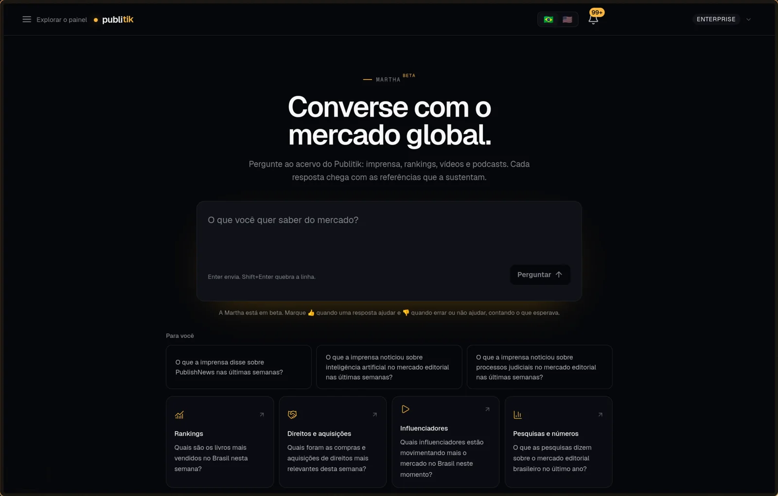 Entrada da Martha no Publitik: o campo O que você quer saber do mercado?, a linha Para você com três perguntas sugeridas e os atalhos de rankings, direitos, influenciadores e pesquisas