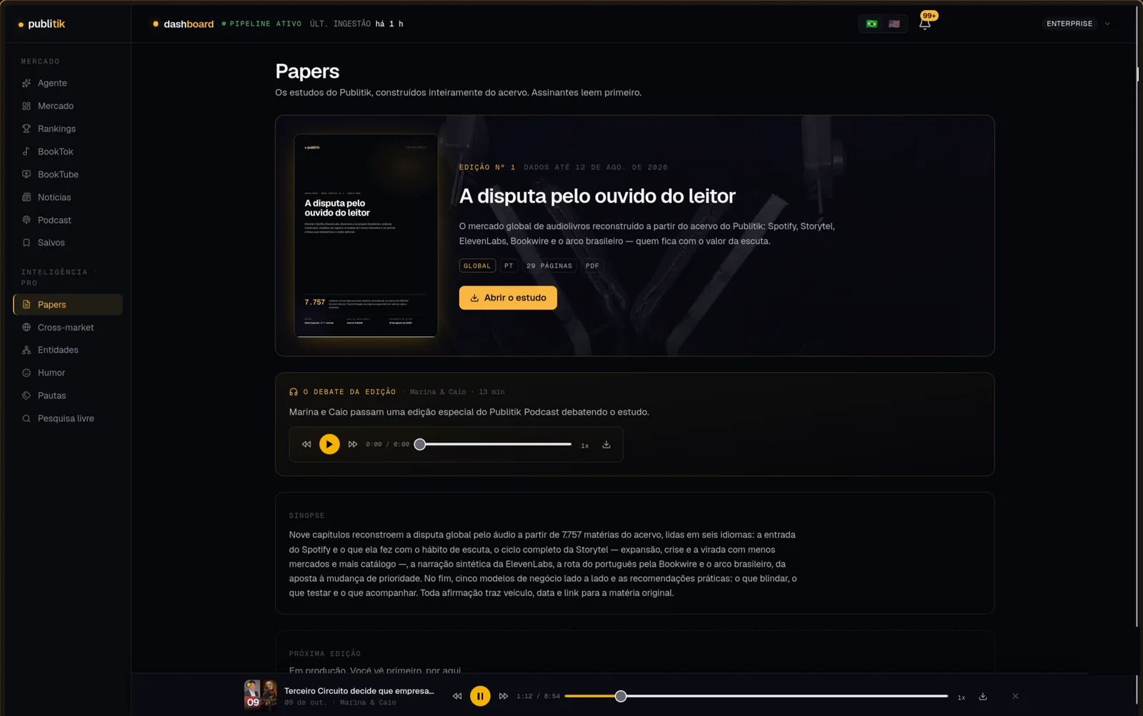 Página Papers do Publitik com o estudo A disputa pelo ouvido do leitor, o episódio de debate e o mini-player do podcast na parte de baixo