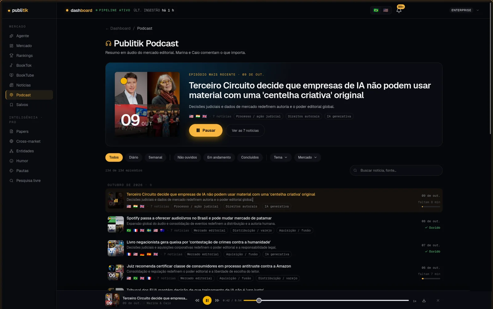 Página do podcast do Publitik com o episódio em destaque, as capas em mosaico, os filtros e o player fixo na parte de baixo
