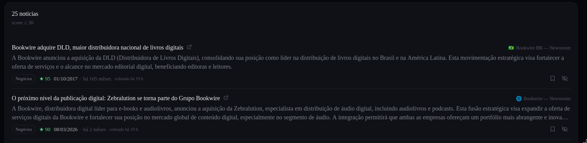Notícias agregadas das novas fontes de imprensa, com classificação automática por relevância e categoria