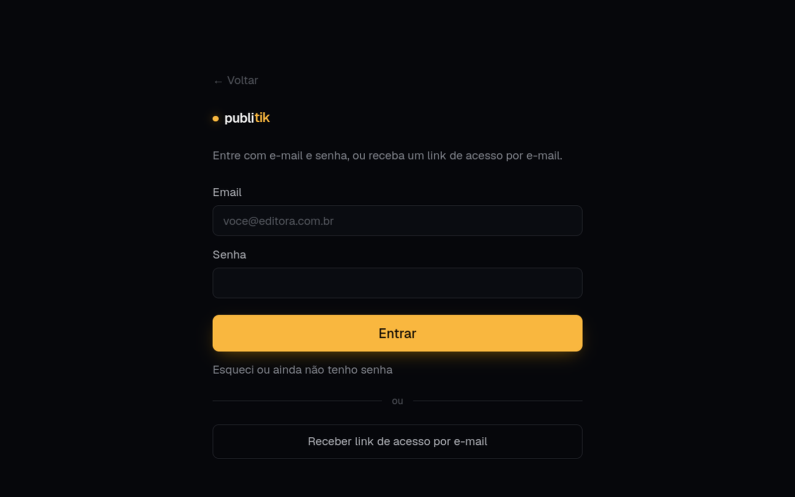 The Publitik sign-in screen with e-mail and password fields and, just below, the option to receive a sign-in link by e-mail