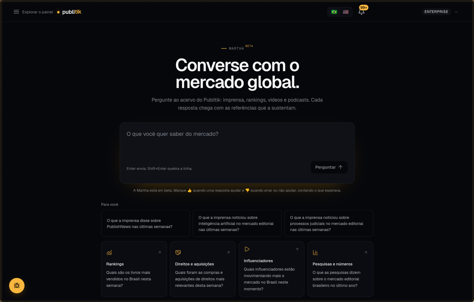 Martha's entry screen on Publitik: the question field, a row of three suggested questions for you and four shortcuts for rankings, rights, influencers and research