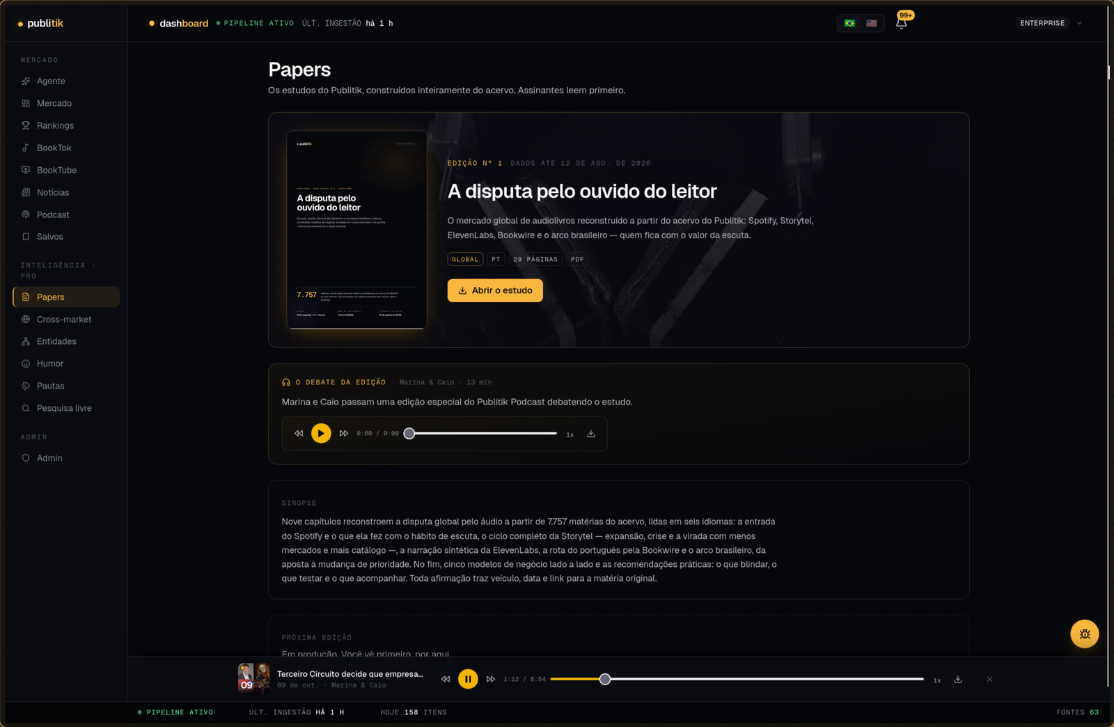 The Publitik Papers page with the podcast mini-player still playing at the bottom of the screen