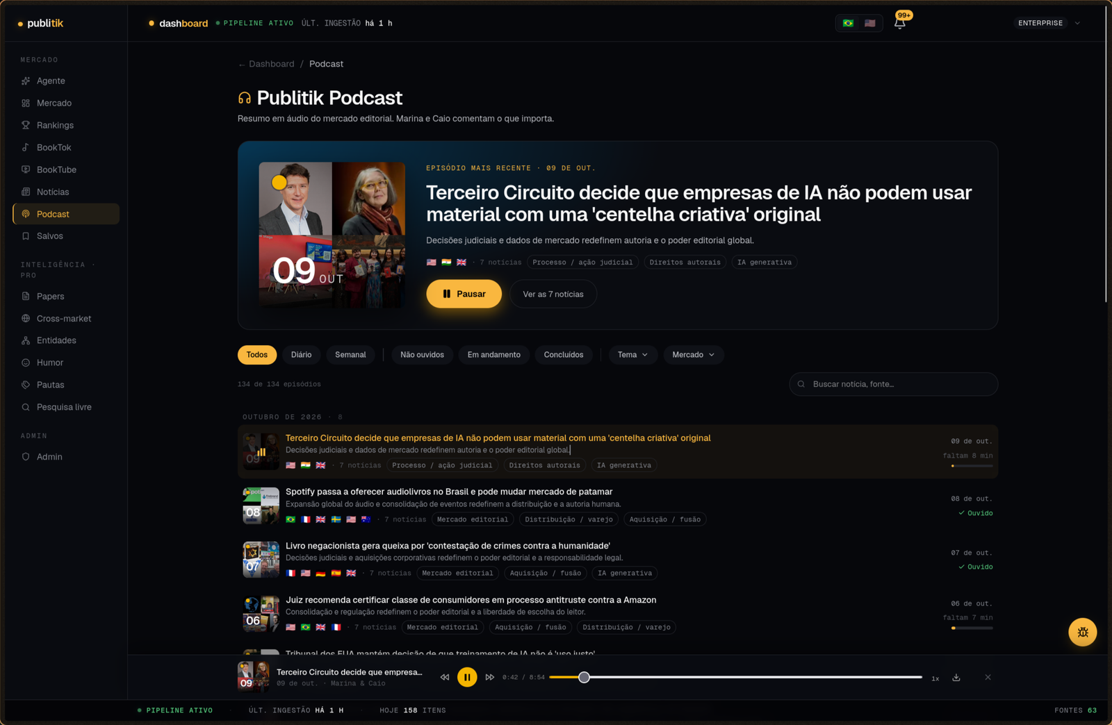 The Publitik podcast page with the highlighted episode, mosaic covers, filters and the player docked at the bottom